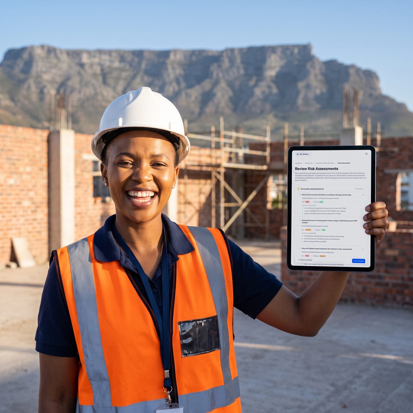 A construction health and safety officer reviewing a safety file on a tablet, on a Cape Town building site with Table Mountain behind
