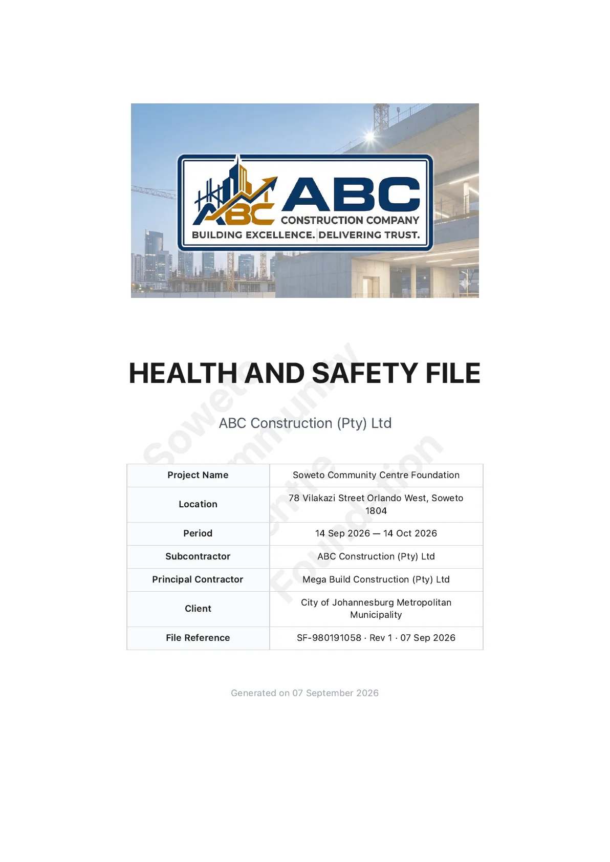 Cover page of a compiled SafetyQuest health and safety file for ABC Construction