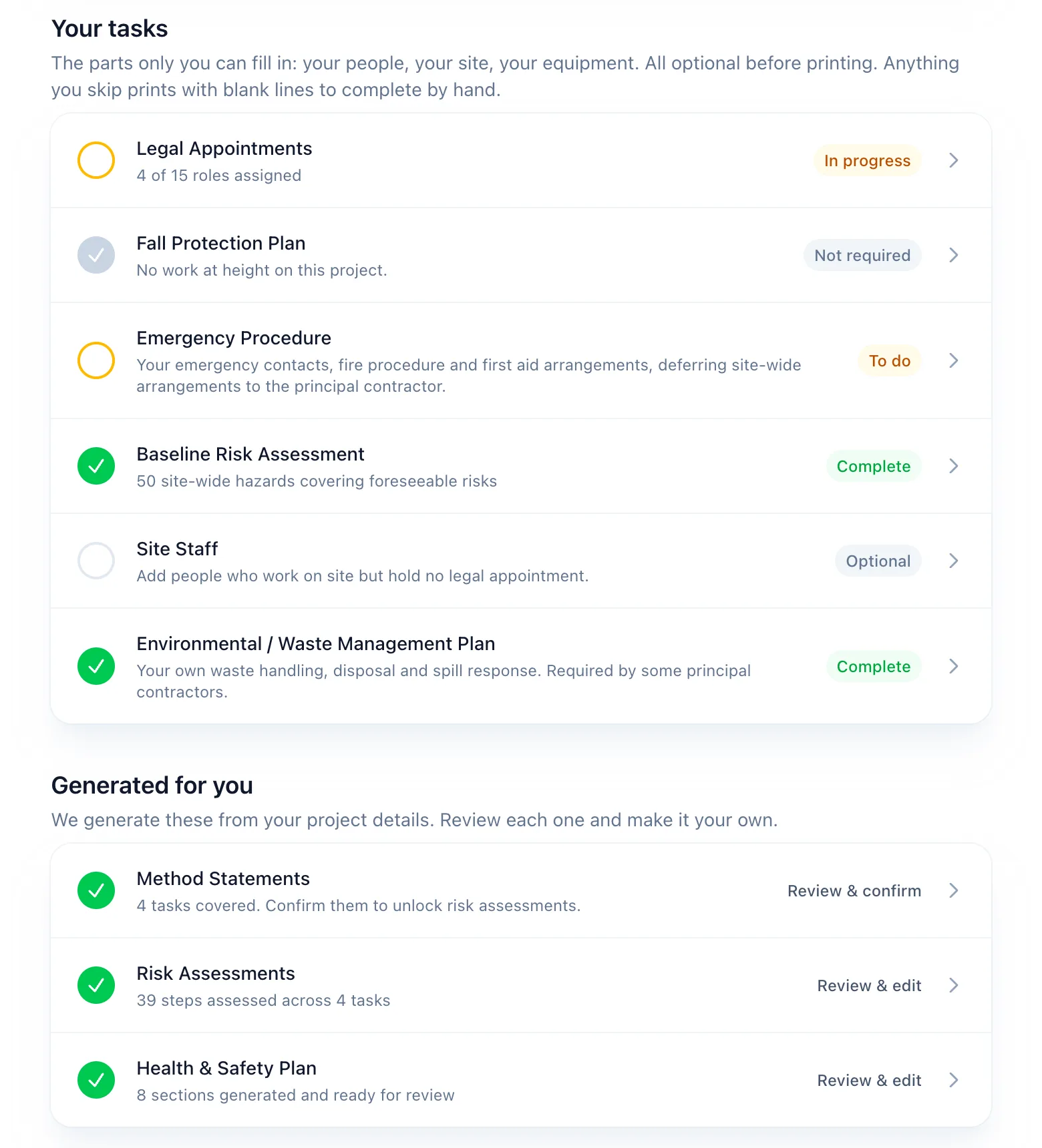 The SafetyQuest safety file hub, listing the file's tasks and the method statements, risk assessments and health and safety plan generated for it